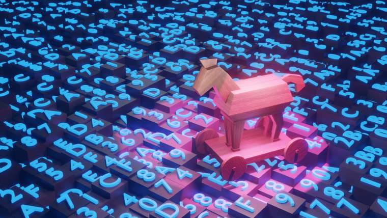 Trojan horse on top of blocks of hexadecimal programming codes. Illustration of the concept of online hacking, computer spyware, malware and ransomware.