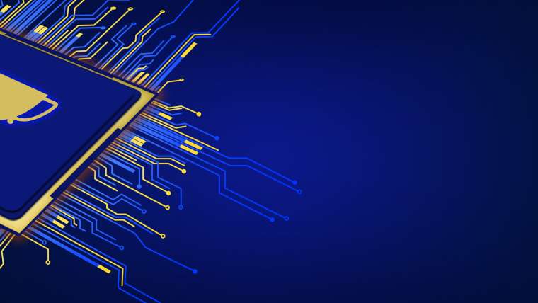 3D Computer chip with trophy shape on blue background