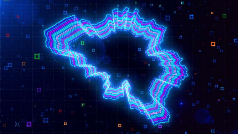 A vibrant digital artwork of Belgium map outlined with neon lines, set against a futuristic grid background with colorful abstract HUD squares.